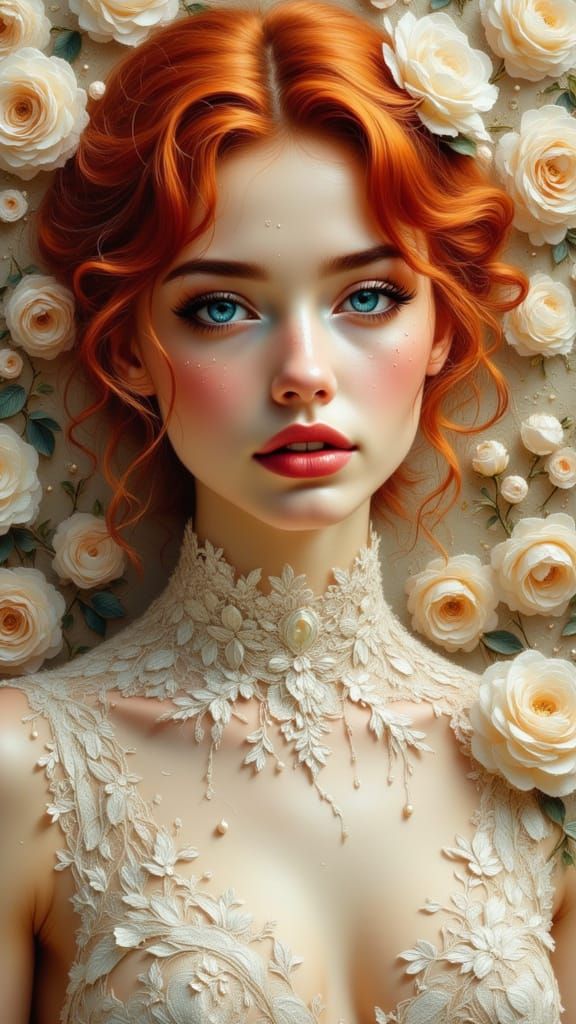 Ethereal Woman in Lace Dress with Cream Roses