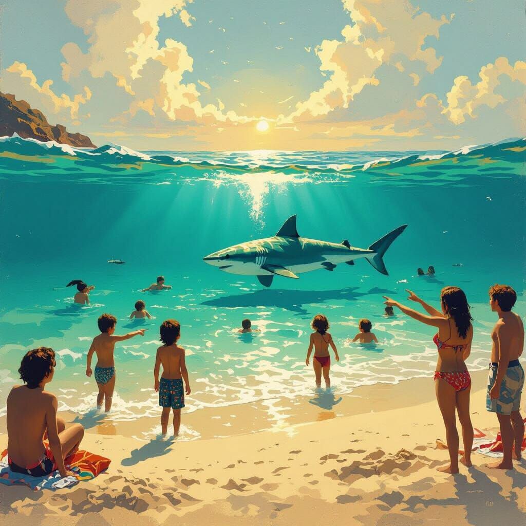 Shark Fin Spotted Near Swimmers on a Sunny Beach