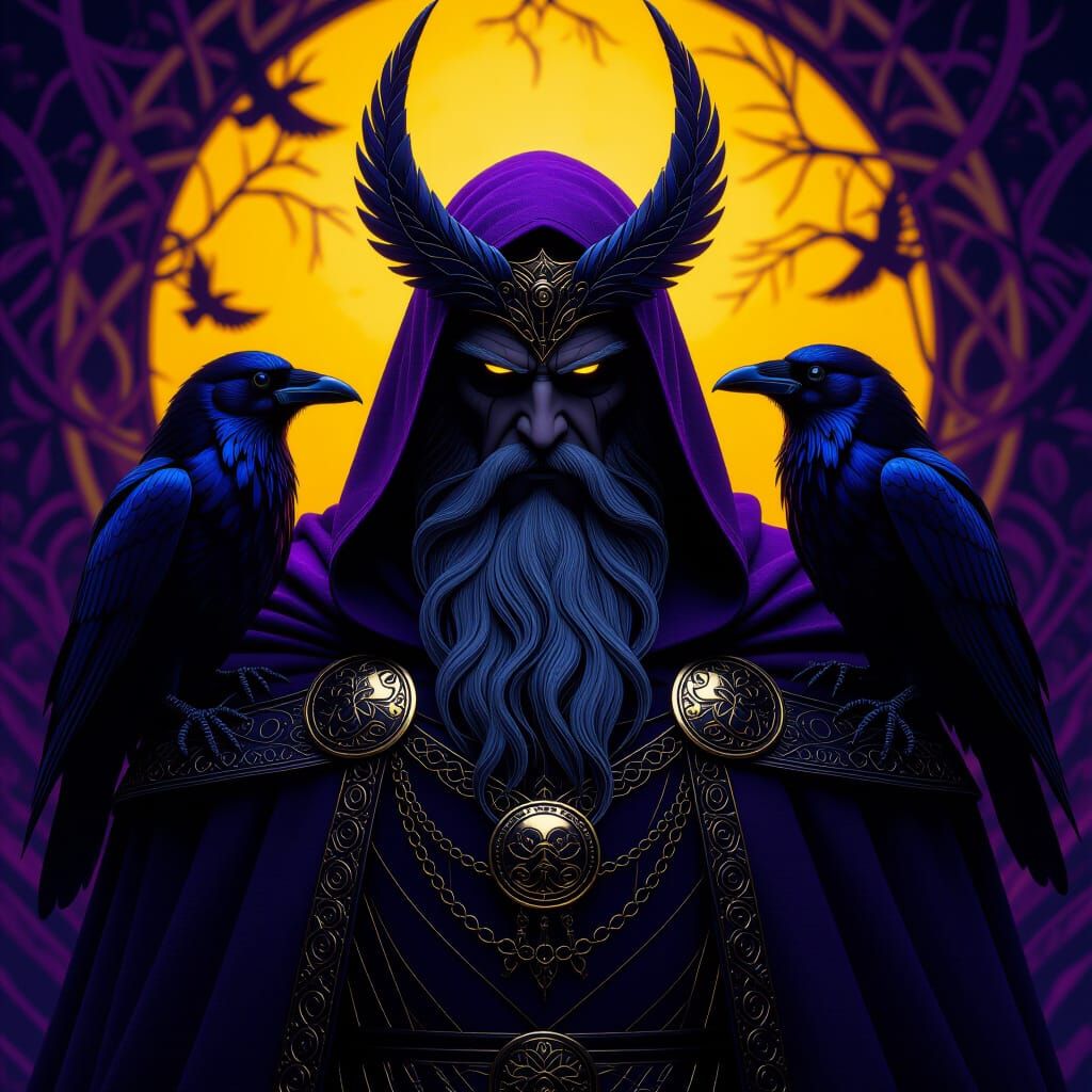Odin and His Ravens Hugin and Munin in Dark Fantasy Art