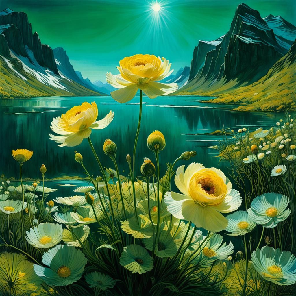 Luminous Crowfoot Lake Scene in Pre-Raphaelite Style
