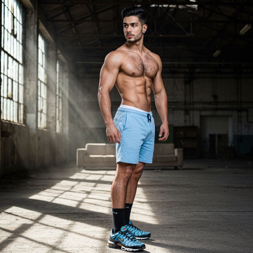 Muscular Man in Industrial Building, Looking Back