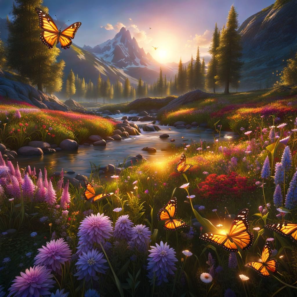 Magical Butterfly Meadow at Sunset: Fantasy Landscape
