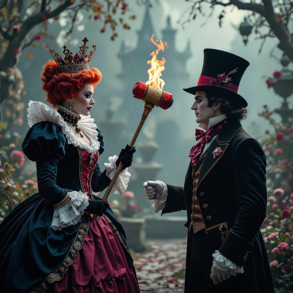 Queen of Hearts Confronts Mad Hatter: Salvador Dali Style