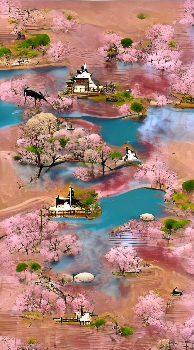 Japanese Temple Landscape with Cherry Blossoms