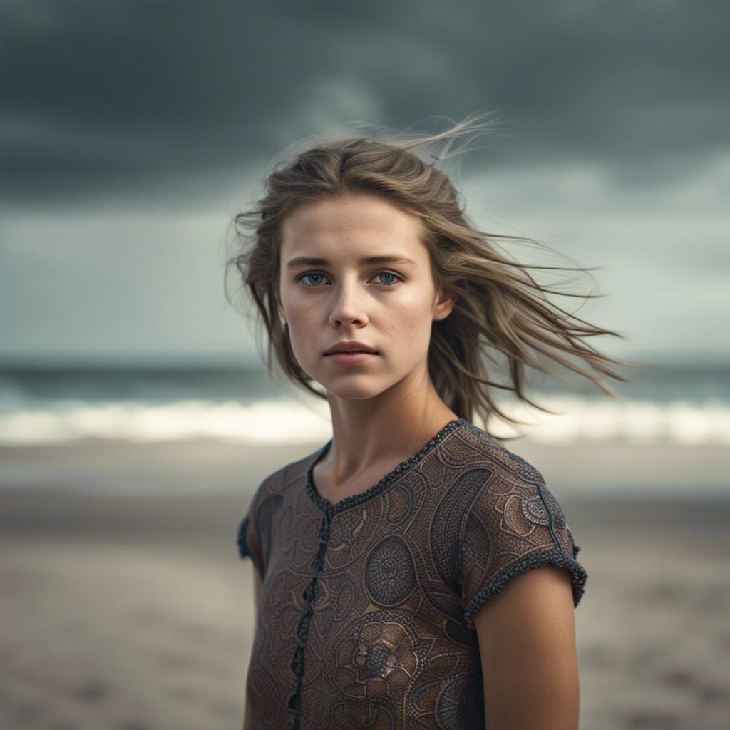Girl on Beach in Hyperrealistic Style