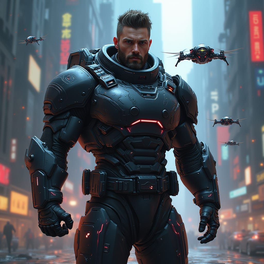 Cyberpunk Warrior Surrounded by Drones in a Gritty Cityscape