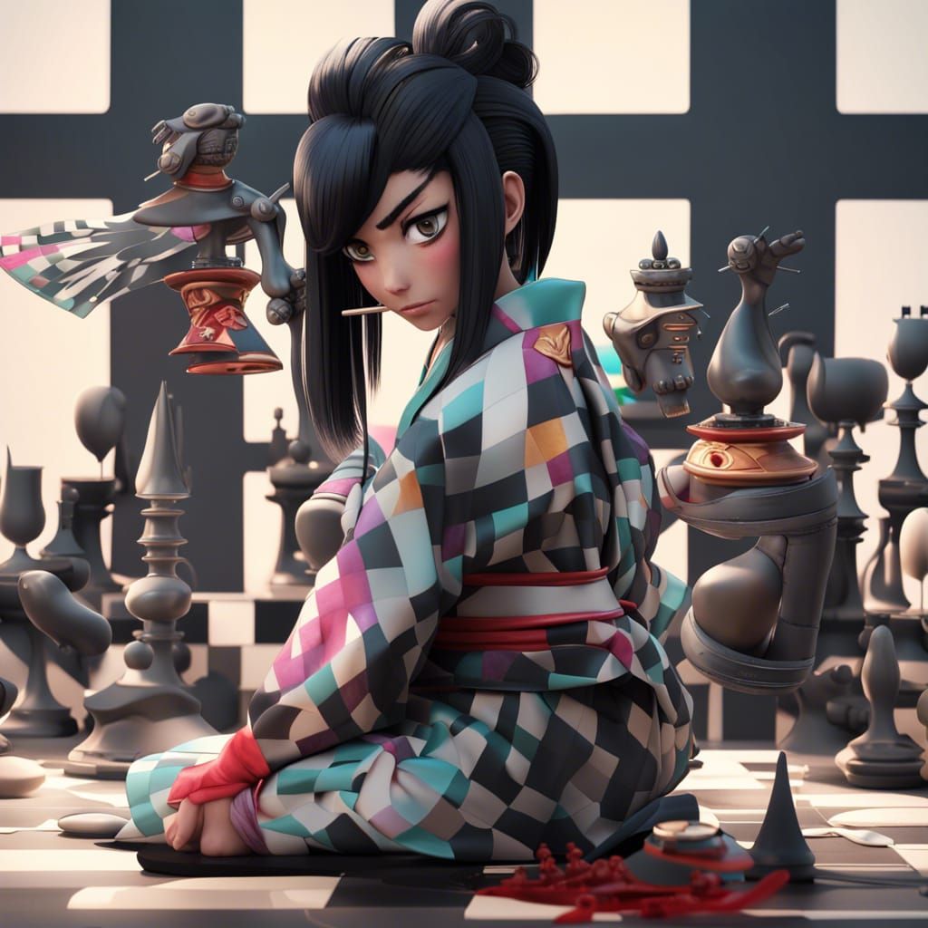 Samurai Manga Character in Chessboard Kimono