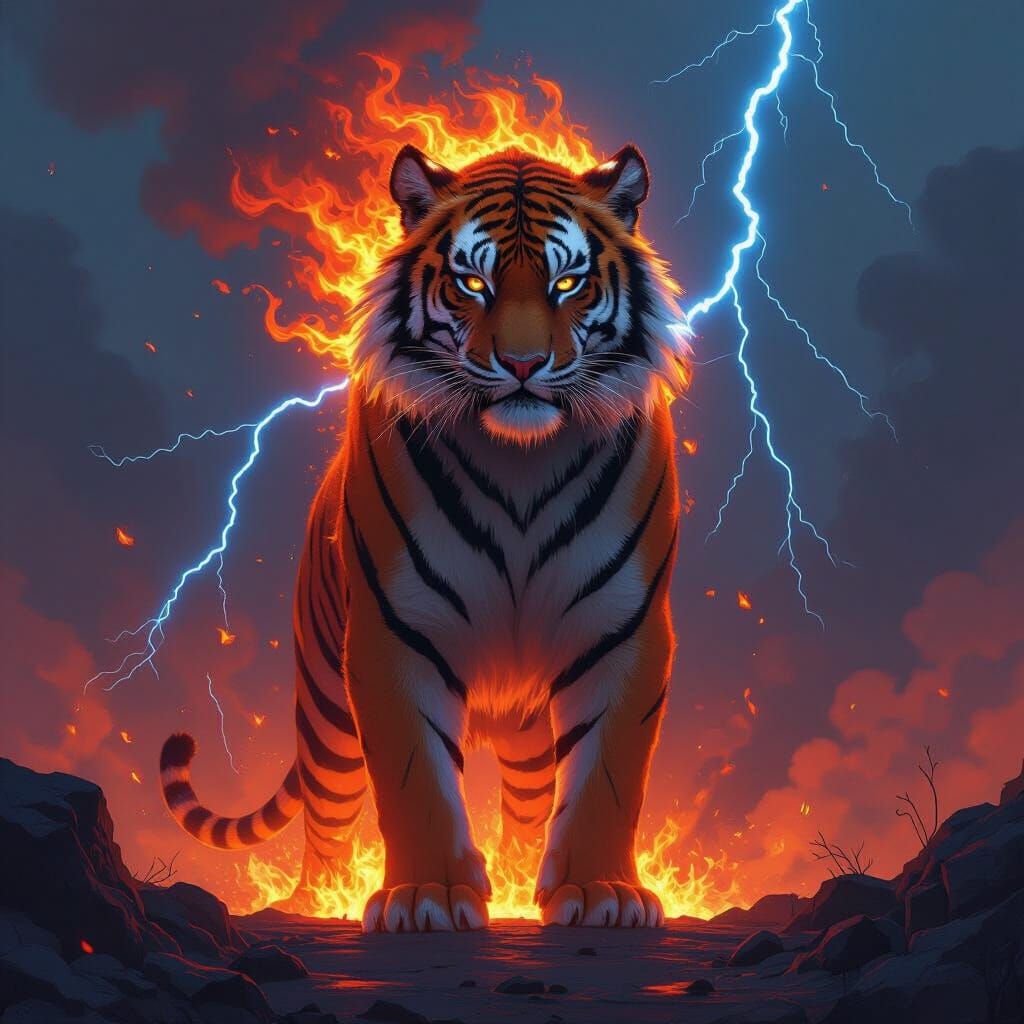 Majestic Fire Tiger Emerges from Volcanic Flames