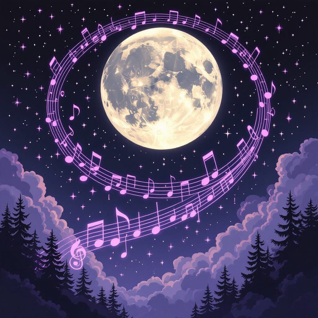 Musical Notes Swirl Around Full Moon in Black & White Sky