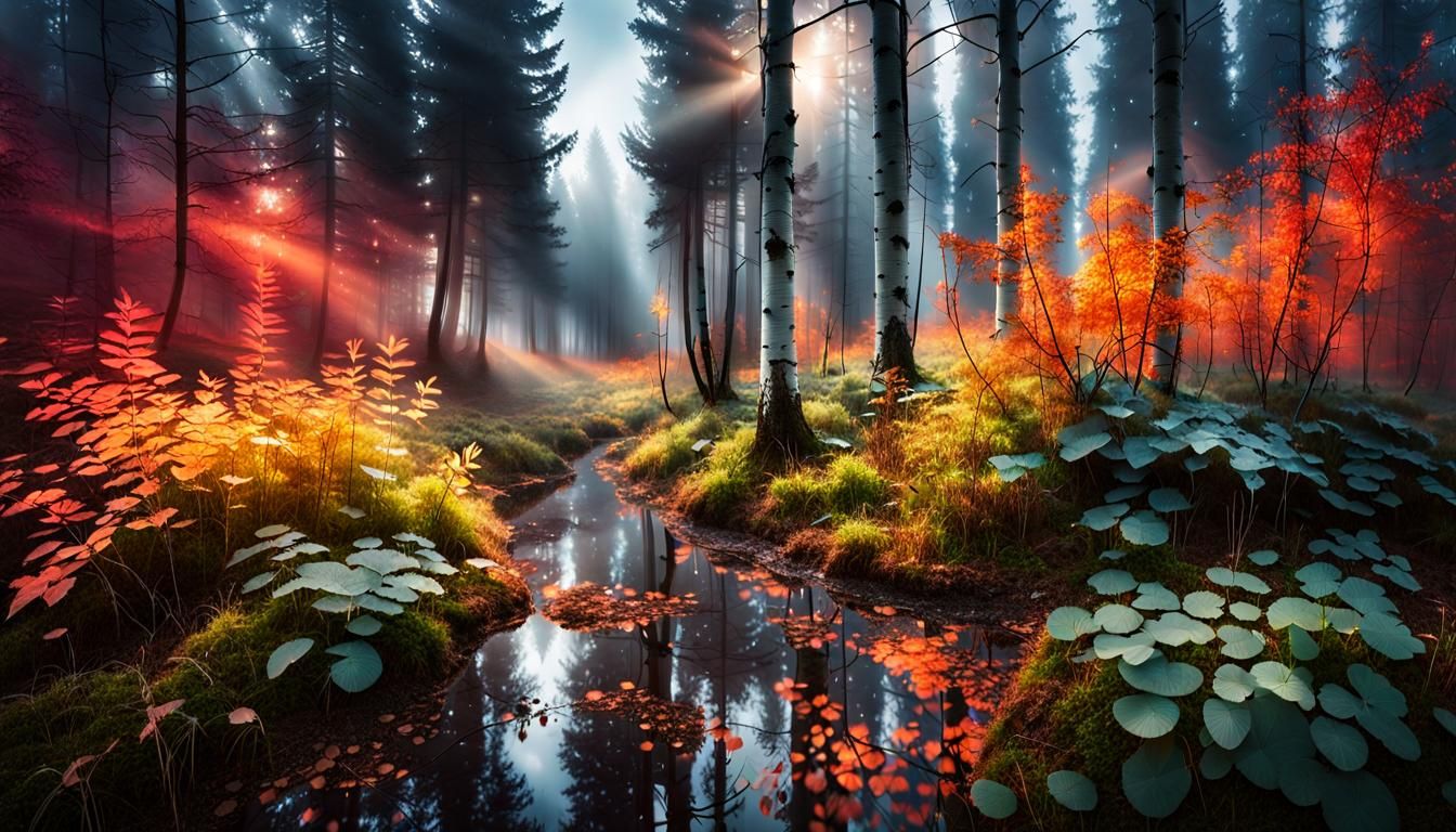 Magical Forest Panorama with Crepuscular Rays