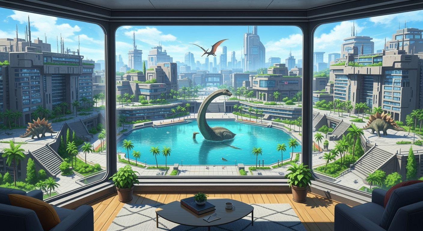 Cyberpunk Skyscraper Bunker with Dinosaurs