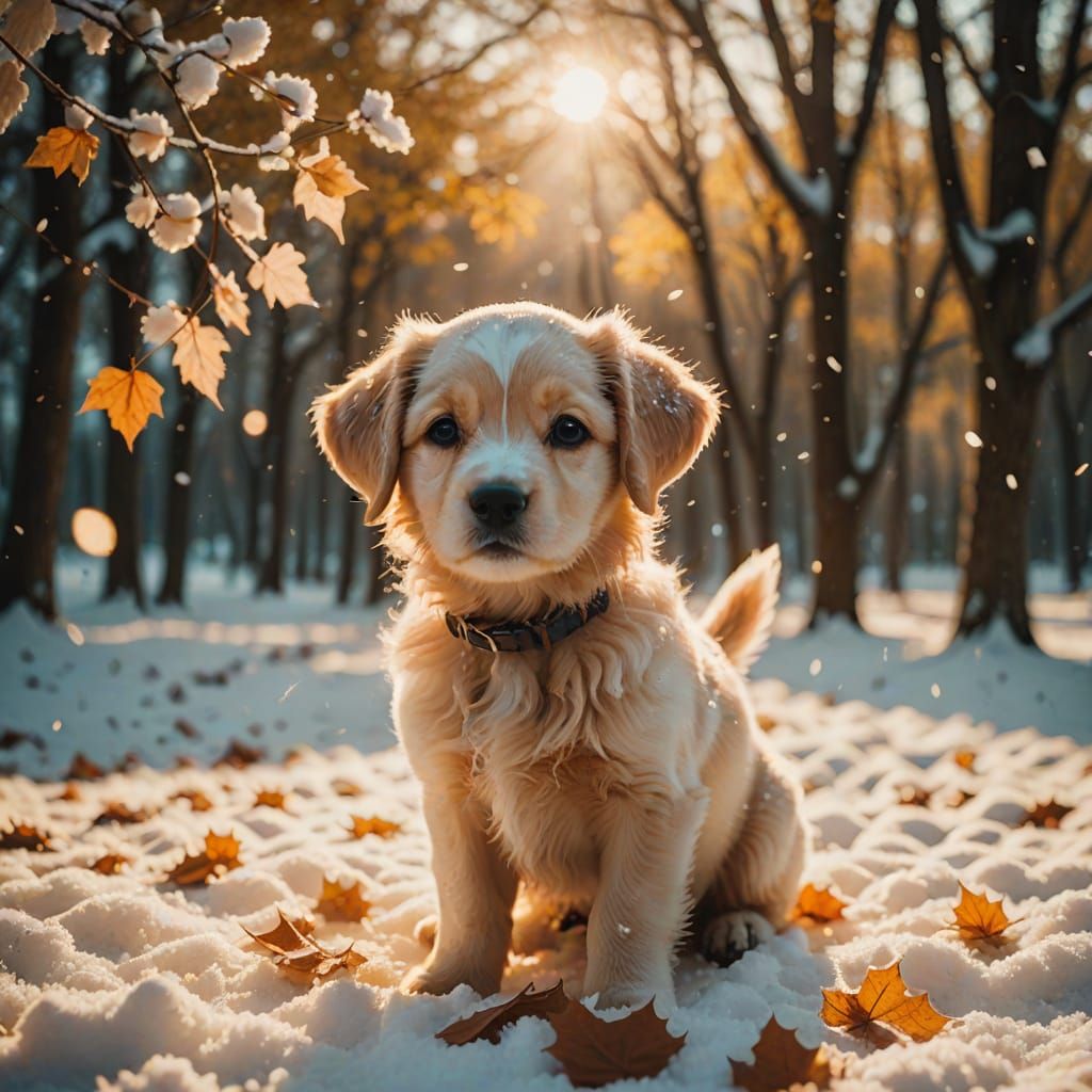 Whimsical Autumn Puppy in a Snowy Leaf Drift