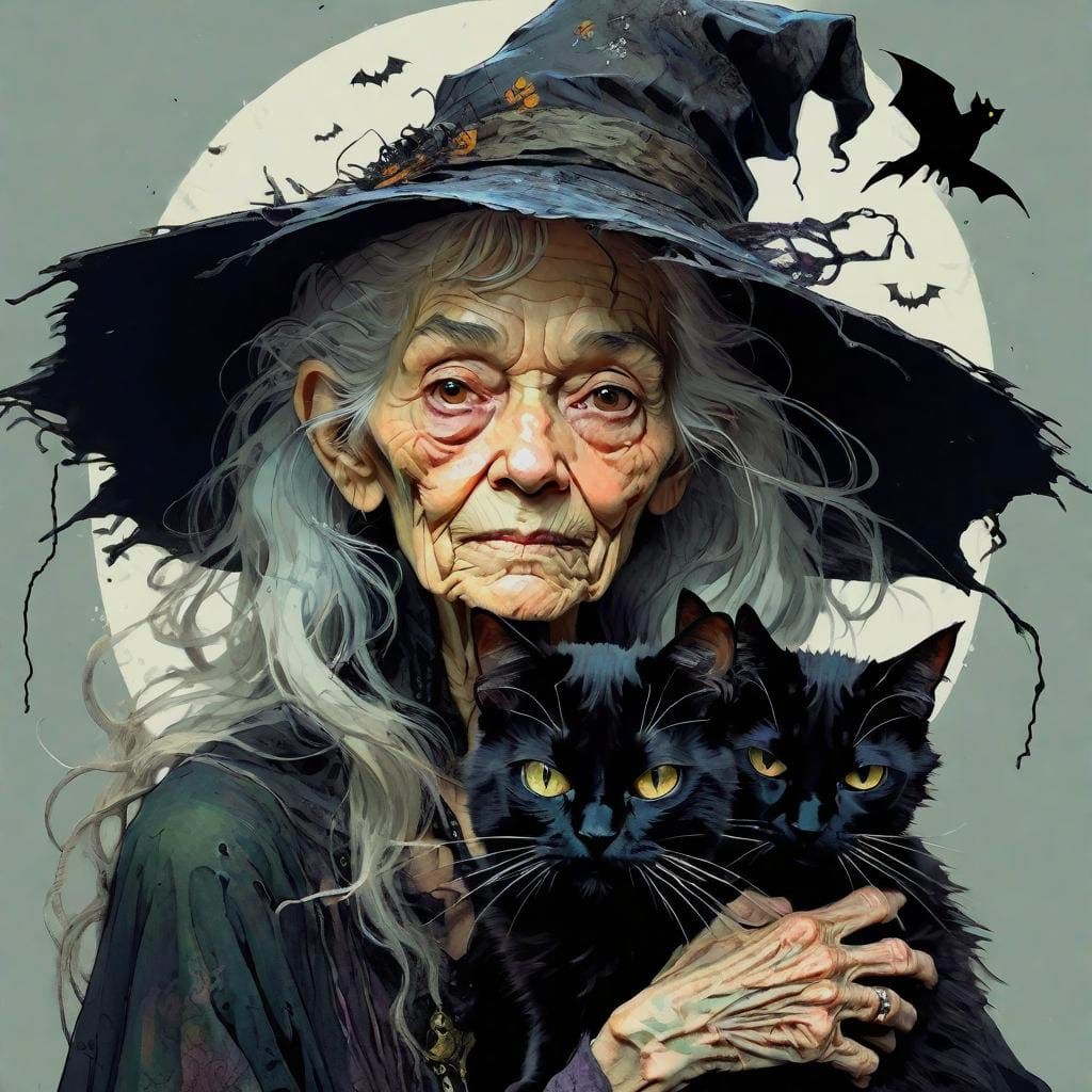 Scraggly Old Witch With Black Cat in Cartoon Style