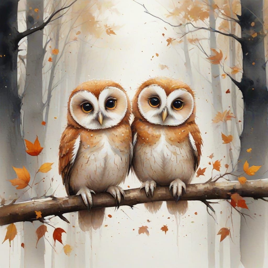 Adorable Owlets in Autumn Forest, Watercolour Style