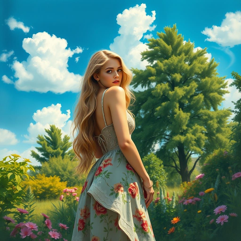 Confident Beauty in a Lush Garden Setting