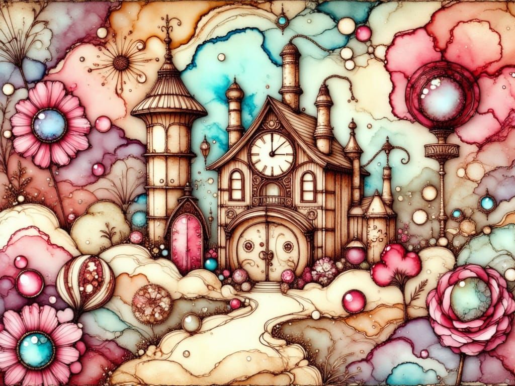 A whimsical chocolate factory amidst the swirling clouds and...