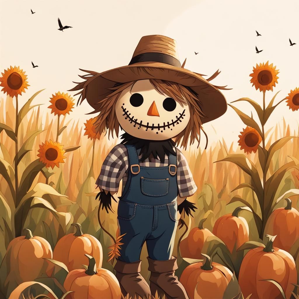 Disney Pixar style adorable scarecrow, straw hat, cute face, in a cornfield, crow on his shoulder, fall vibes