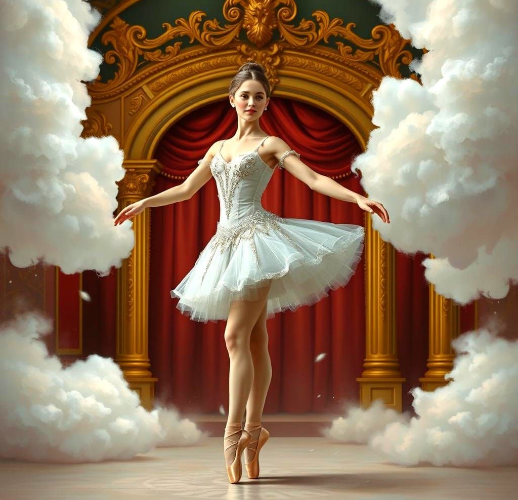 Elegant Ballet Dancer in White Tutu: Gouache Painting