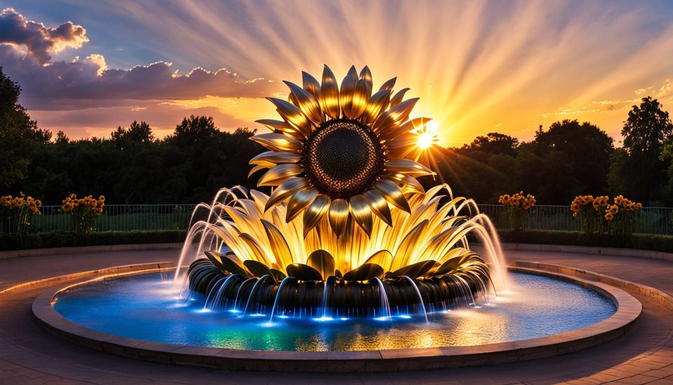 Magnificent Metallic Sunflower Fountain at Sunset