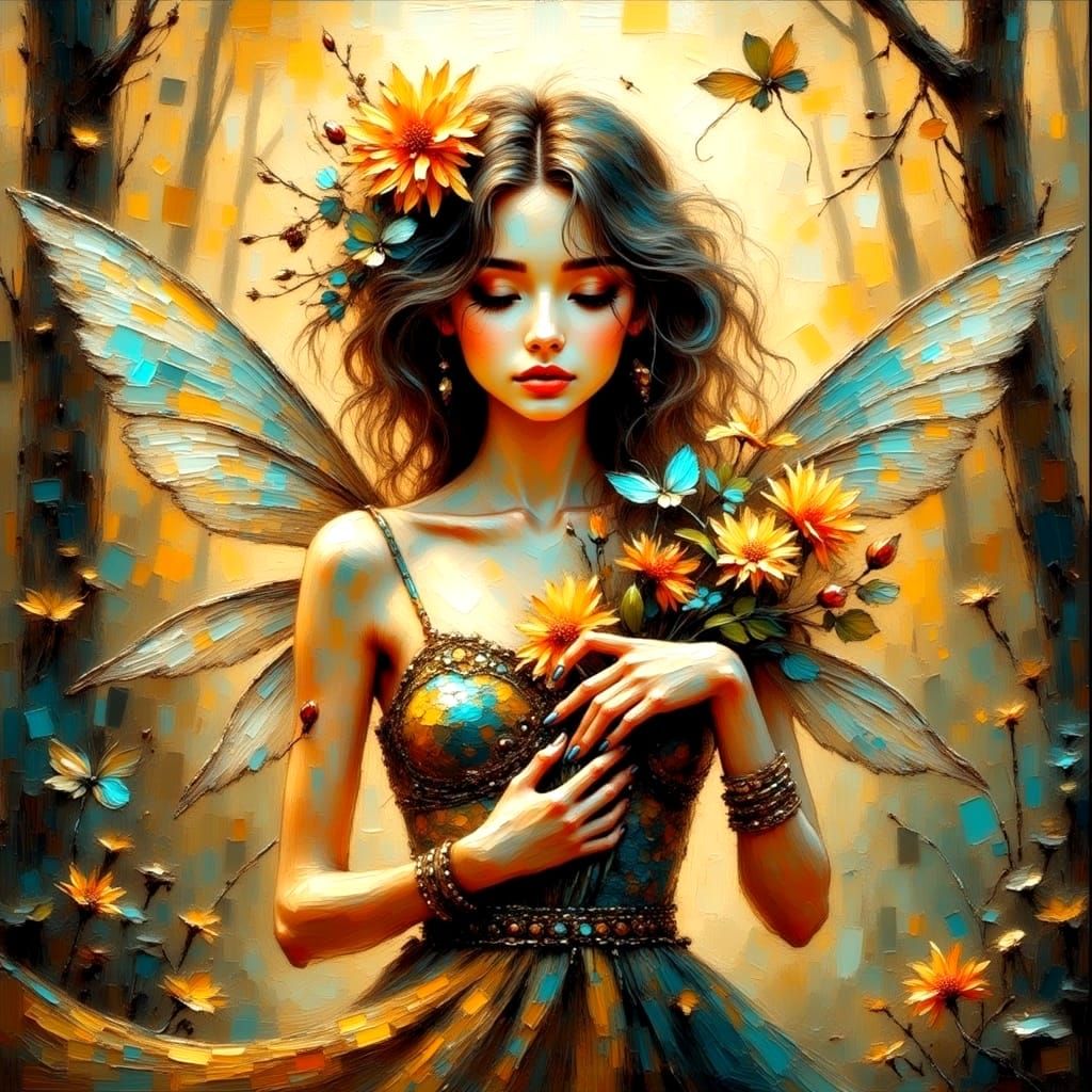 Ethereal Fairy with Flowers in Impasto-Grunge Style