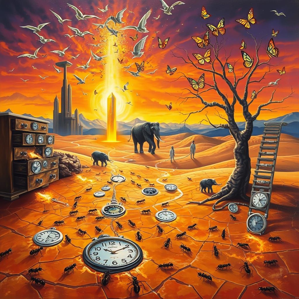 Desert Mirage with Surreal Elements and Flaming Birds