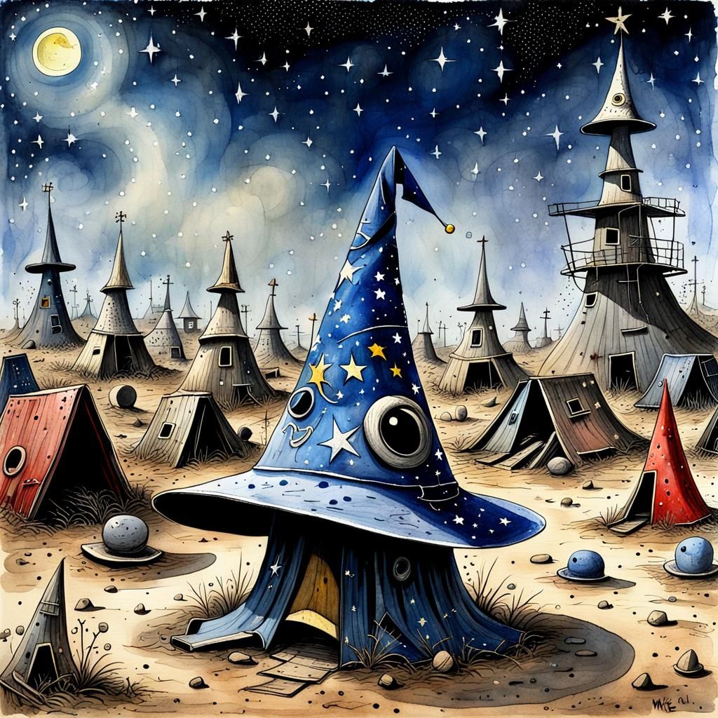 Wizard Hat in Junkyard, Surreal Watercolor