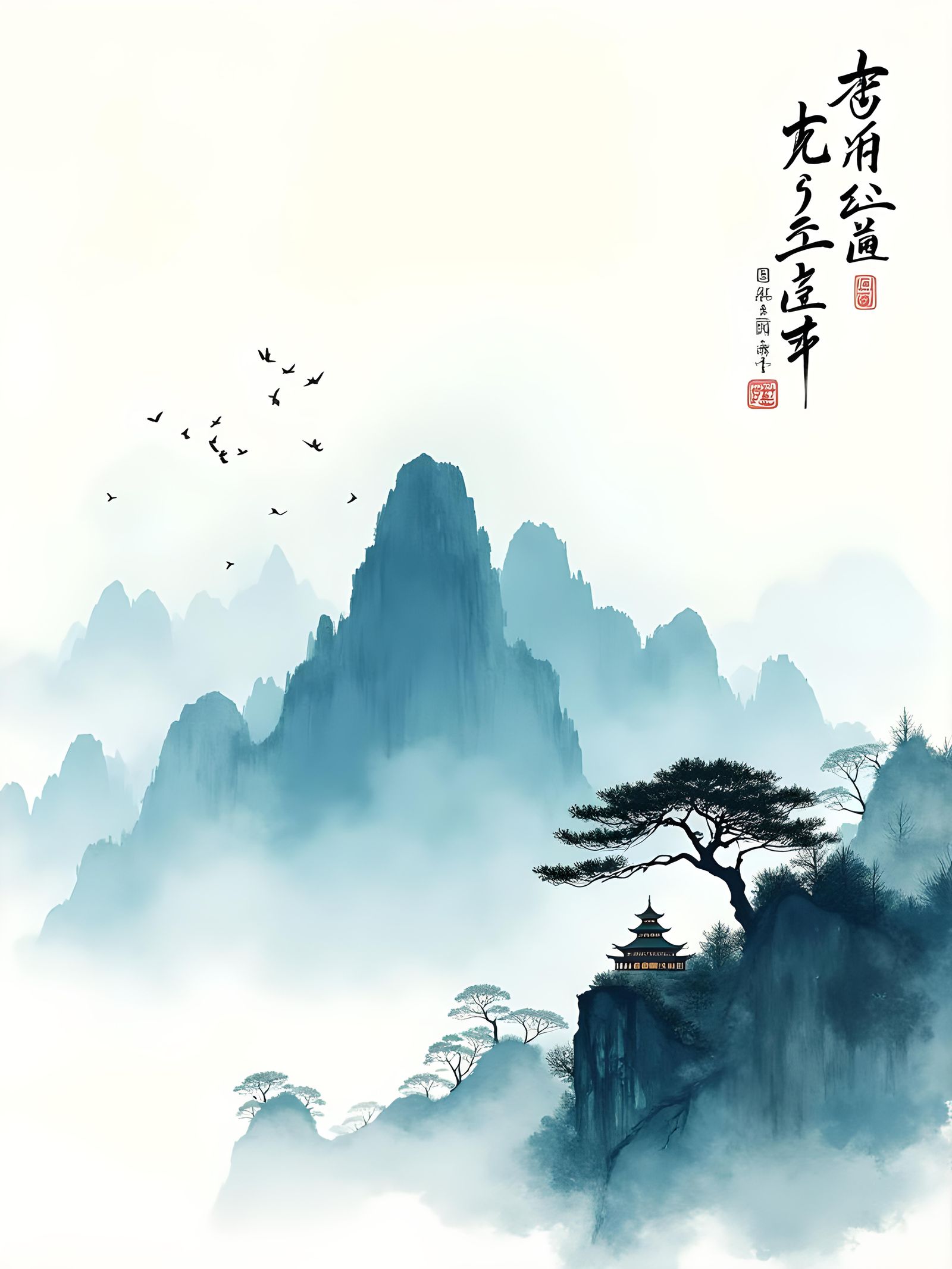 Watercolor Mountain Temple in Chinese Ink Style