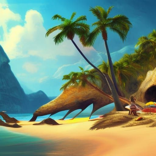 Colorful Cave on Sandy Beach with Palms in Detailed Style