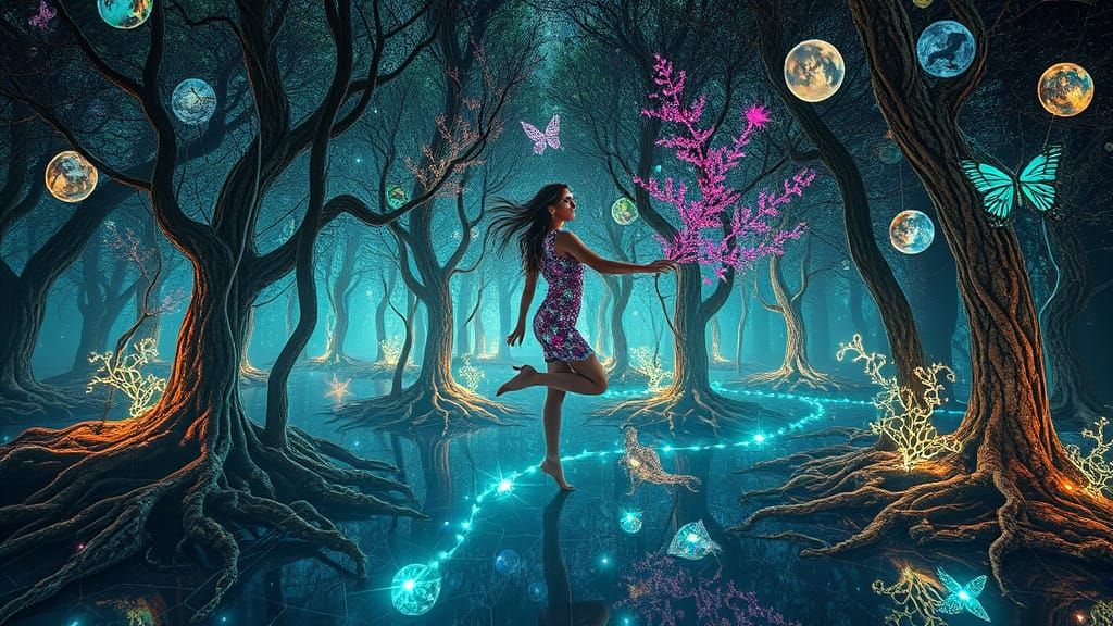 Dreamlike Bioluminescent Forest Reflecting Mythical Creature...