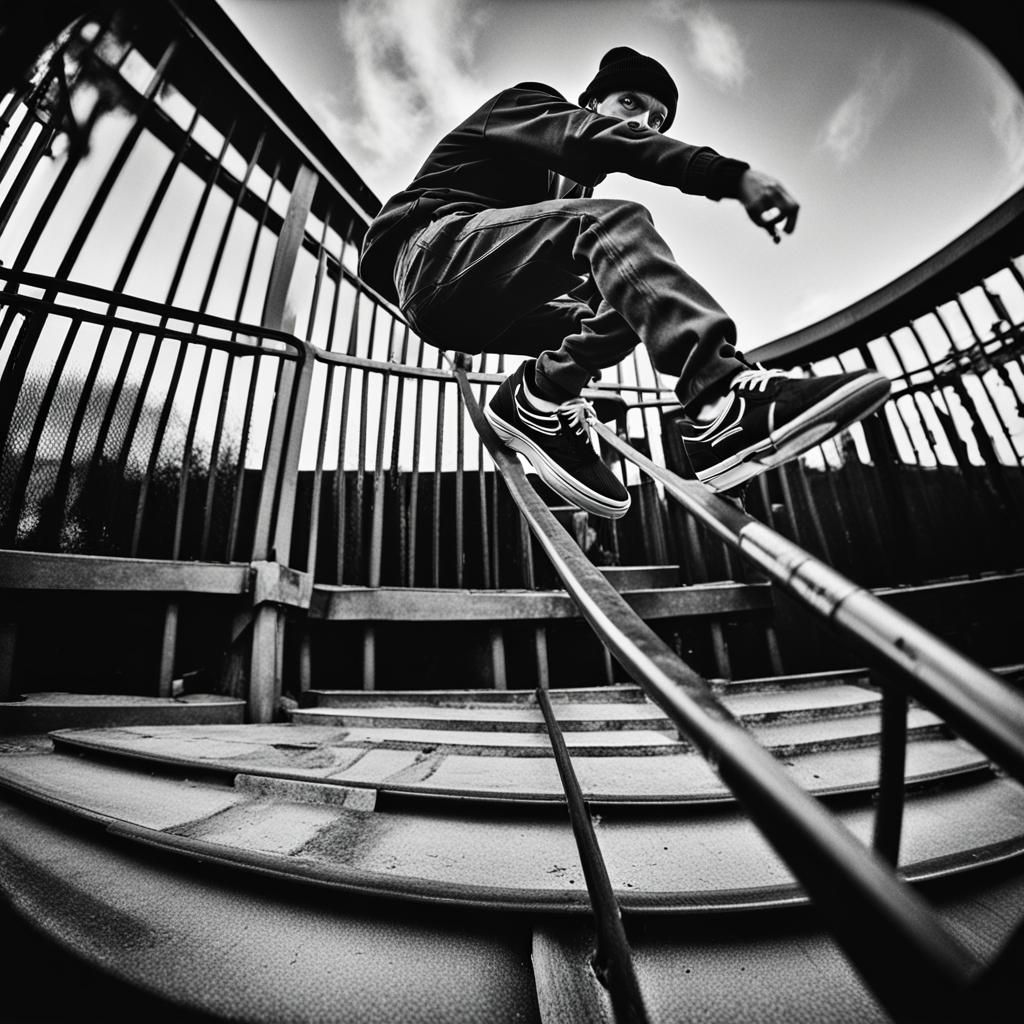 Skateboarder Stunts in Kertesz Style Fisheye Portrait