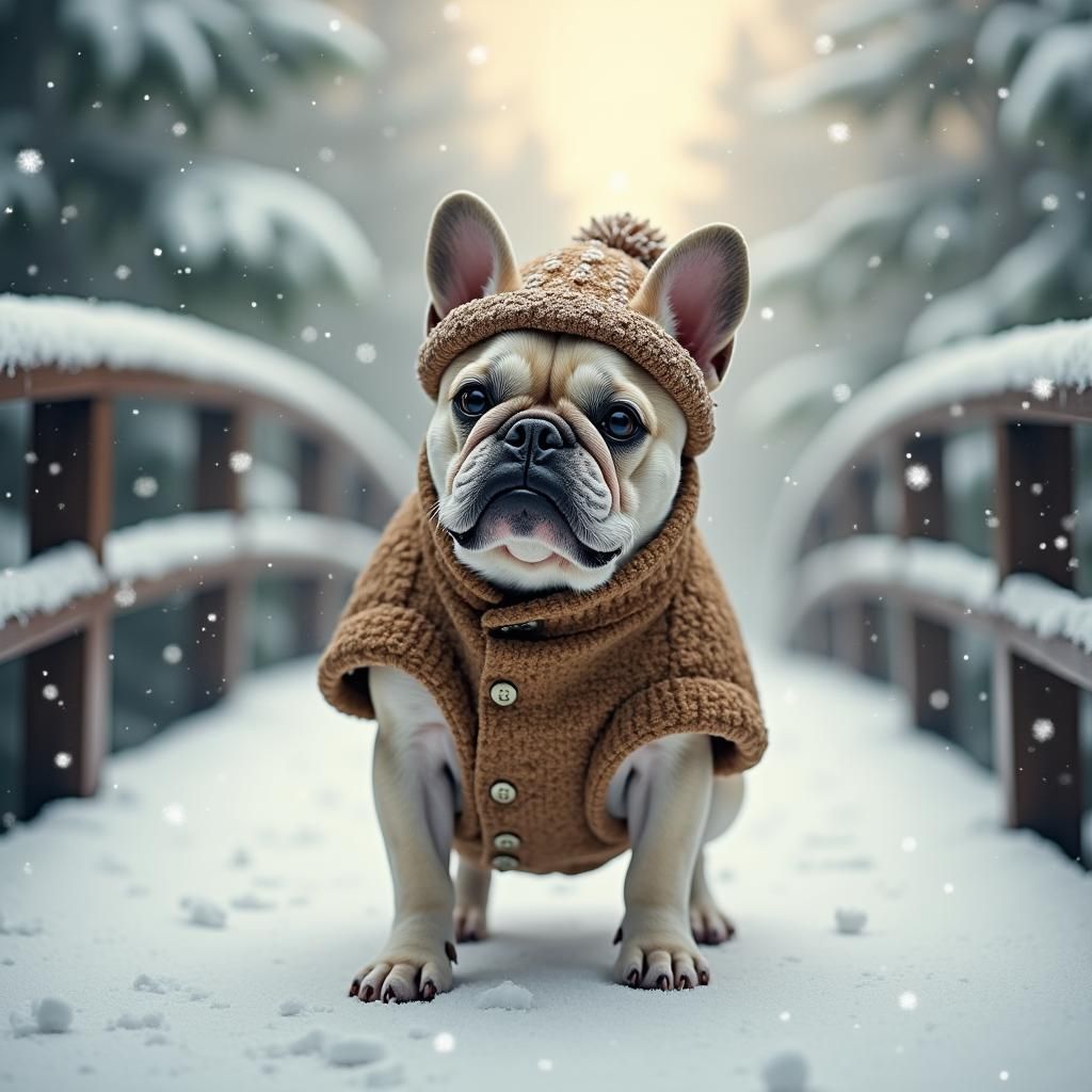 French Bulldog in Winter Wonderland, Kinkade Style