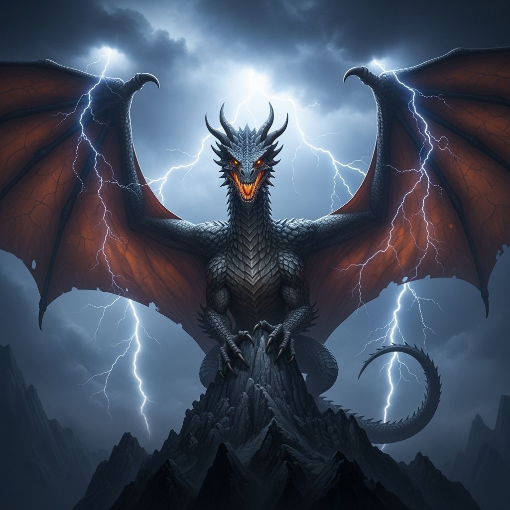 Epic Dragon on Mountain Peak in Lightning Storm