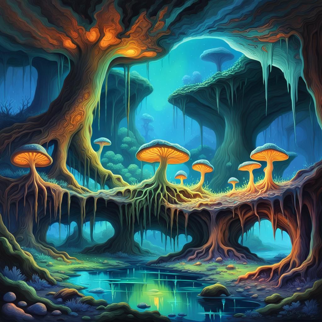 Bioluminescent Underground World: Vibrant Oil Painting