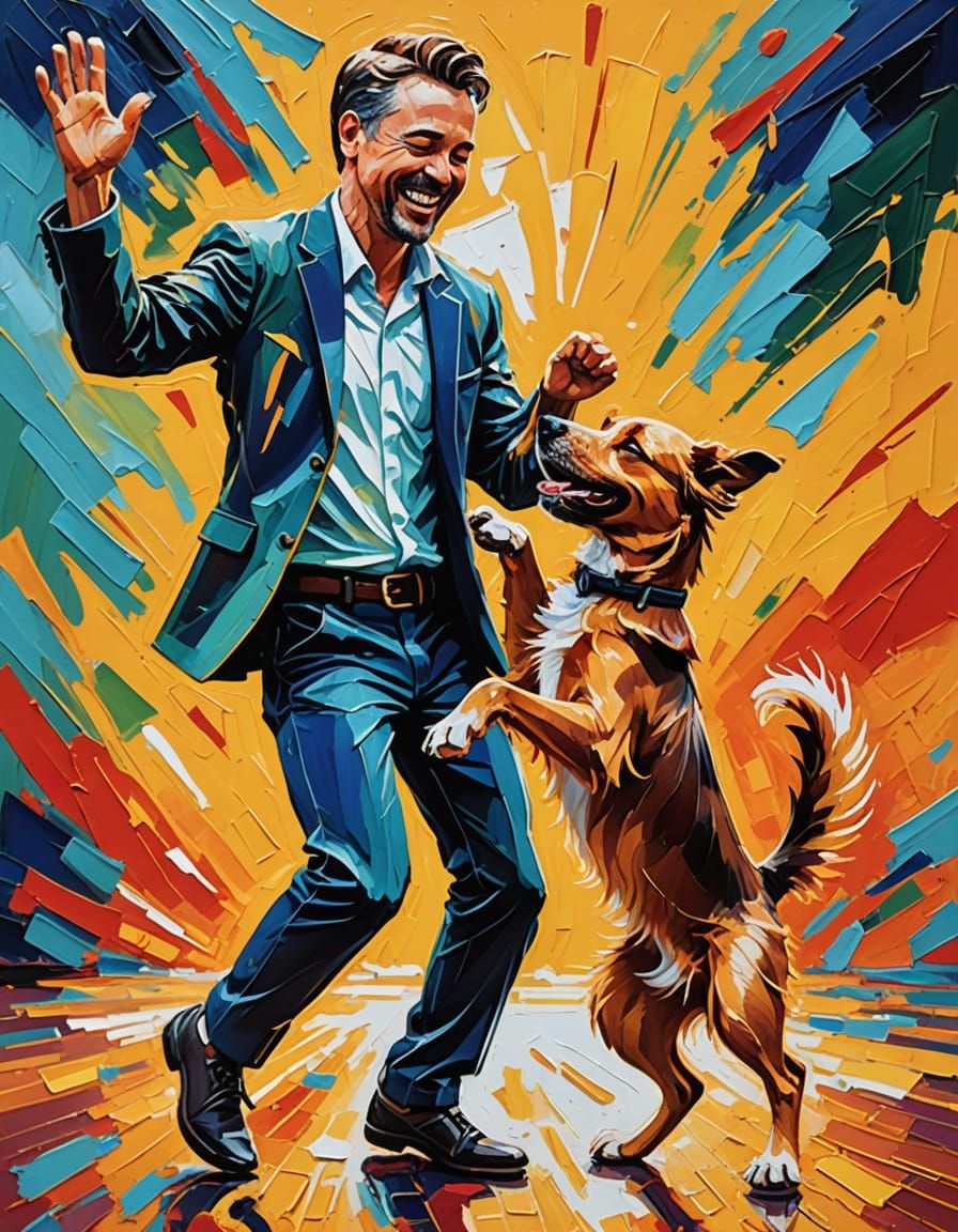 Joyful Dance: Man and Dog in Gouache Impasto