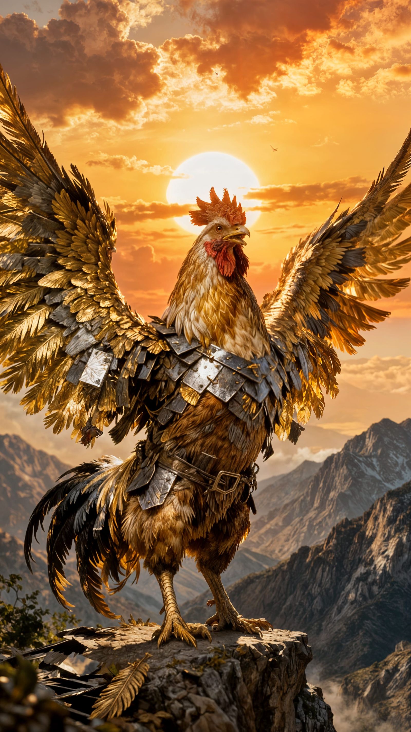 Rooster With Golden Wings Challenges Sunrise