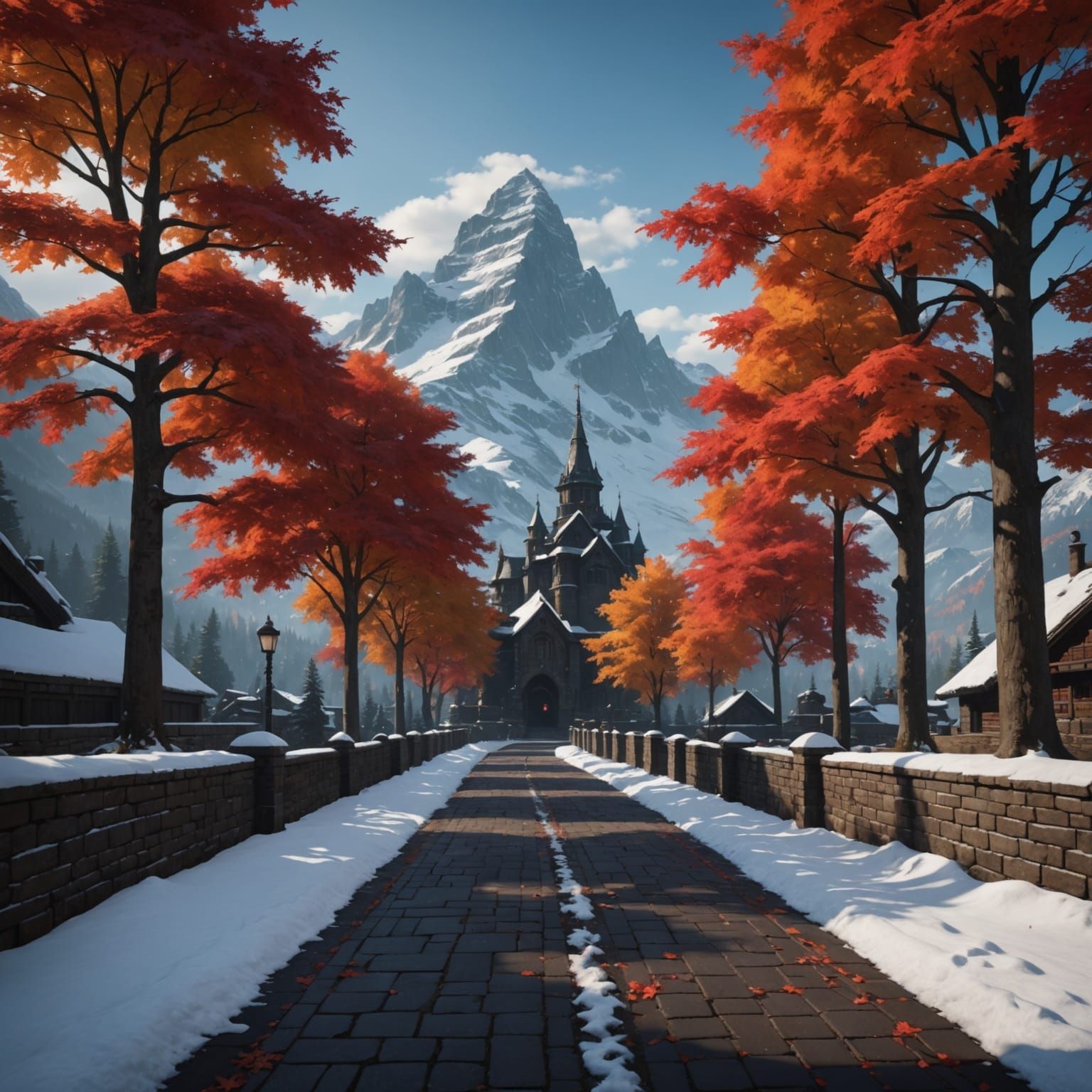 Three-Peaked Mountain with Snow-Covered Maple Trees in Dark...