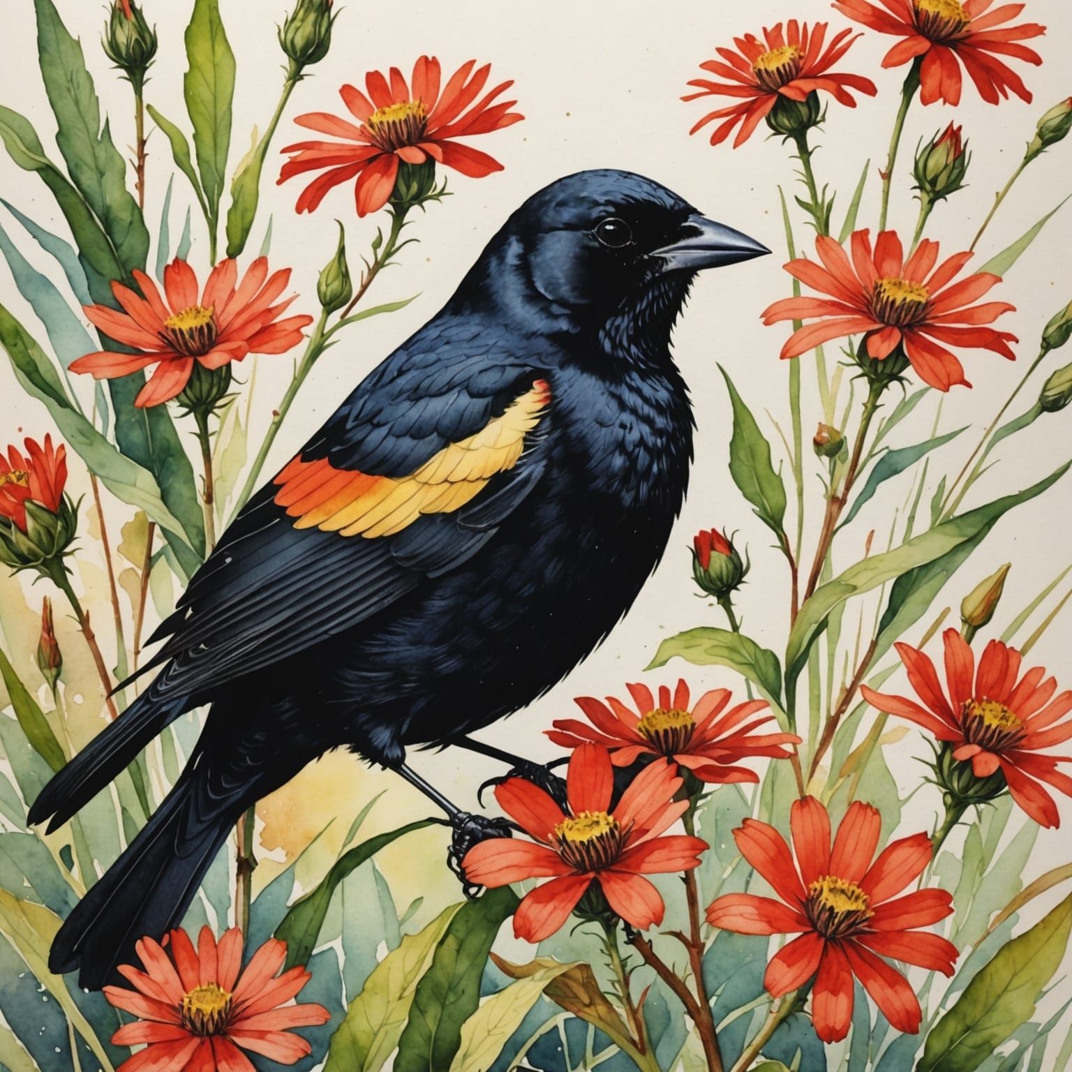 Watercolor Red-winged Blackbird in Vibrant Colors
