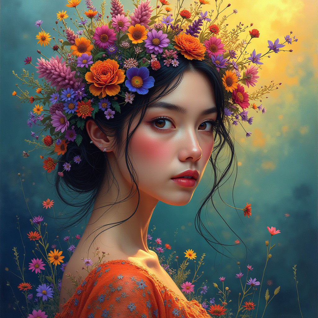 Woman with Wildflowers: Hyperrealistic Portrait in Dramatic ...