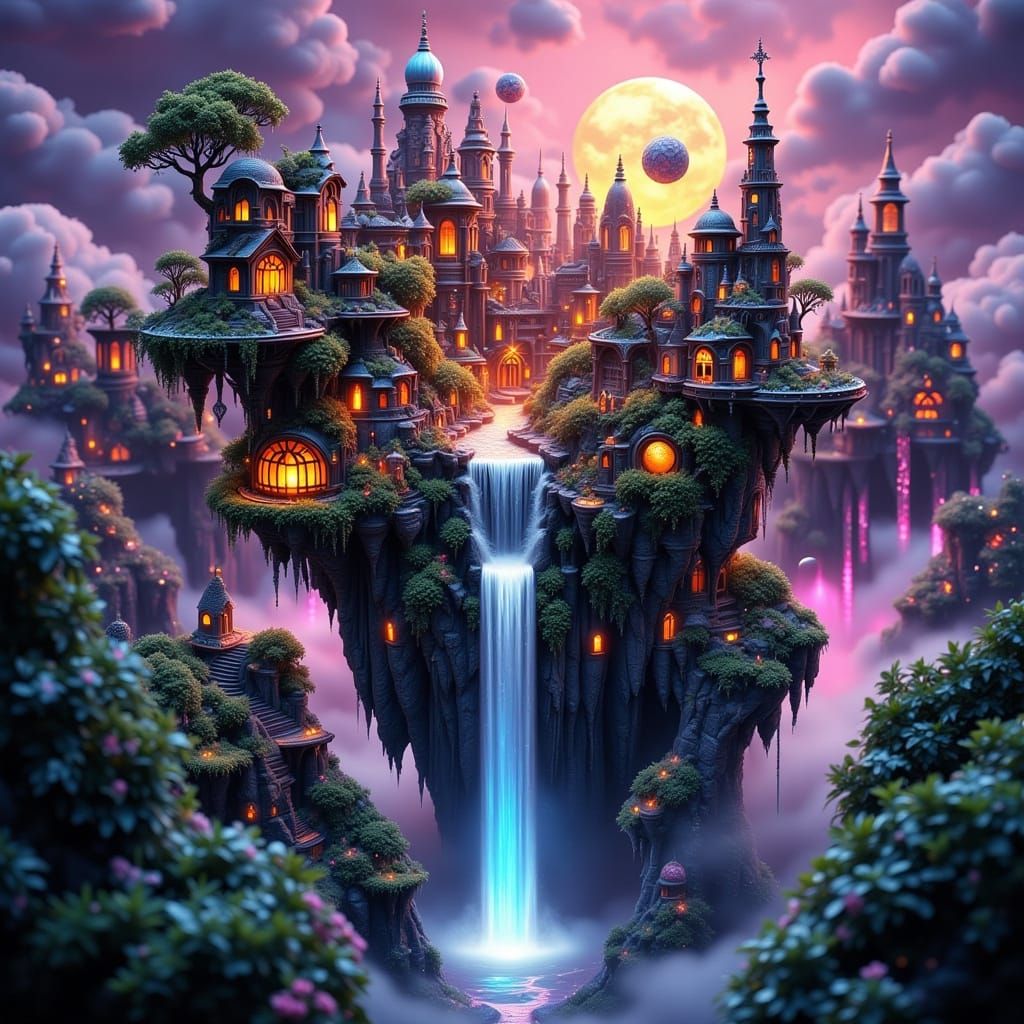 Futuristic Island City in Bold Neon, Steampunk & Jungle