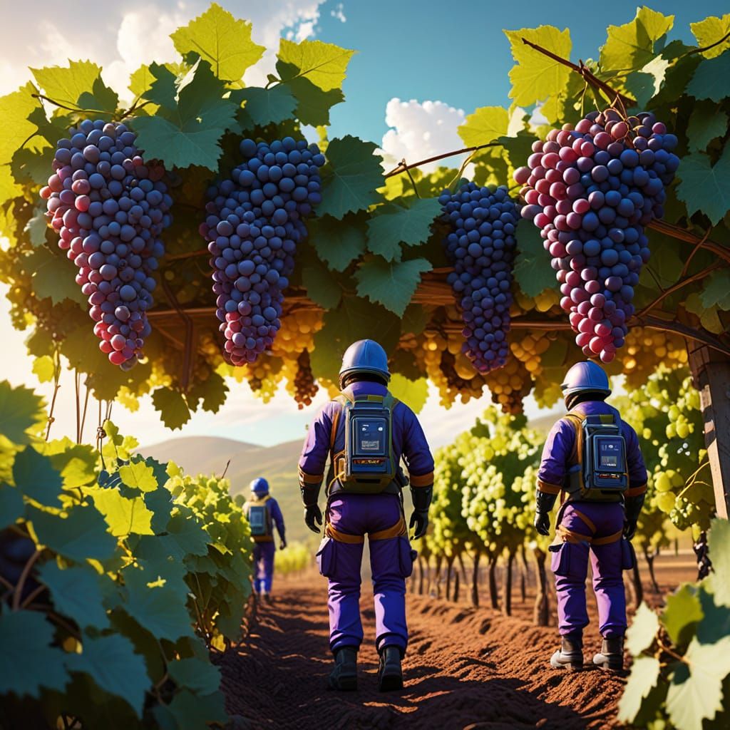 Miniature AI Workers Amidst Vibrant Grapes in a Lush Vineyar...