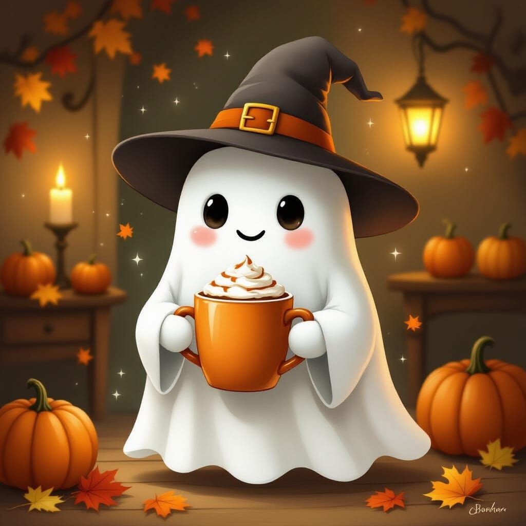 Friendly Ghost Enjoys Pumpkin Spice Latte in Cozy Room