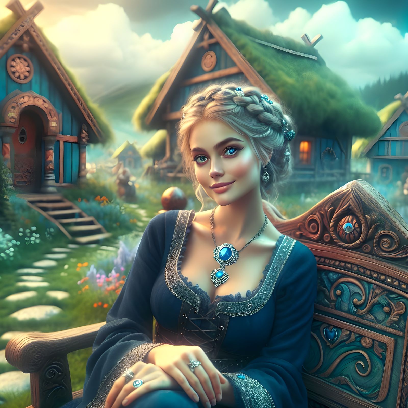 Norse Goddess in a Vibrant Village Green