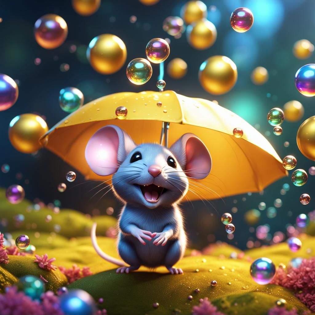 Cute Mouse Laughing at Bubbles, Detailed Matte Painting