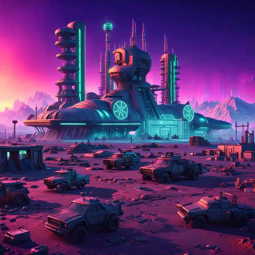 Futuristic Alien City with Neon Lights and Aurora