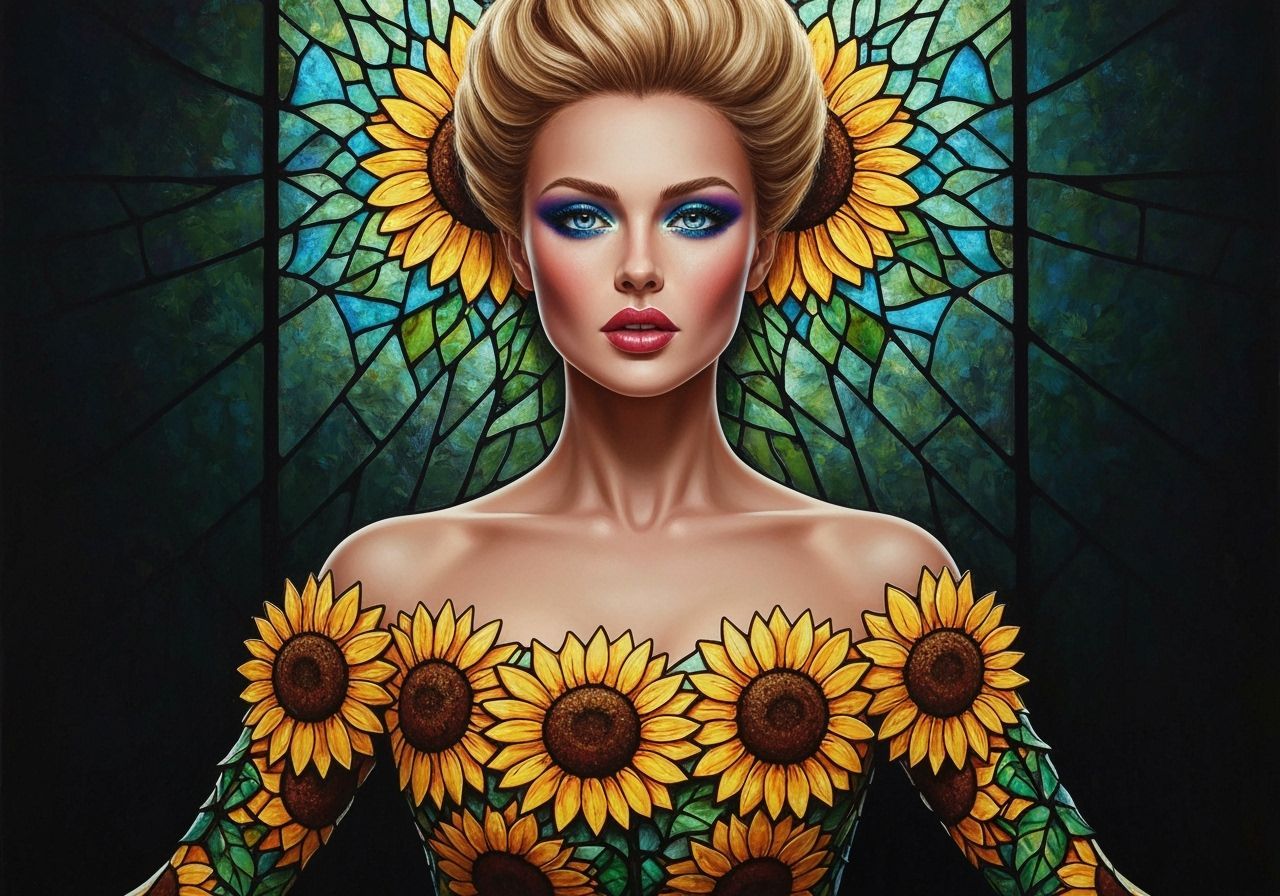 Woman in Stained Glass Gown, Realistic Oil Painting