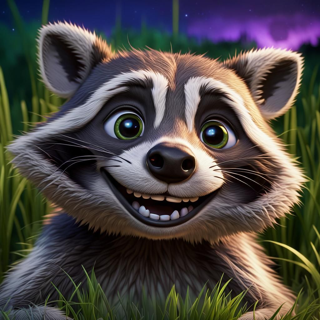 Smiling Raccoon in Grassy Field: 3D Digital Art