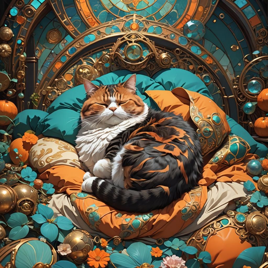 Hyperdetailed Fat Cat Sleeping: Art Nouveau Style