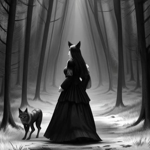 Woman and Wolves in Forest: Black and White Image