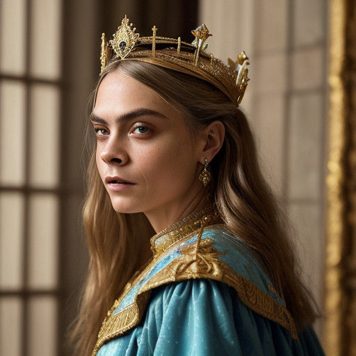 Elegant Medieval Queen in Regal Attire, Rendered in Baroque....