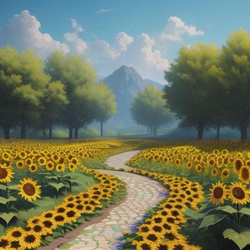 Mosaic Path Through Sunflower Field in Vibrant Colors